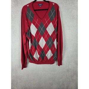 Croft & Barrow Sweater Mens 2XL Red Gray Argyle Pullover V Neck Preppy Academia